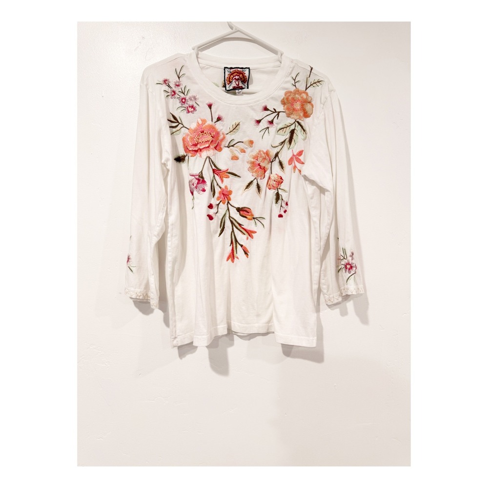 Johnny Was Los Angeles White Floral Embroidered Long Sleeve Top Size M Boho